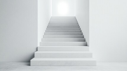 A minimalist staircase leads upward into a bright, undefined space, creating a sense of openness and tranquility.