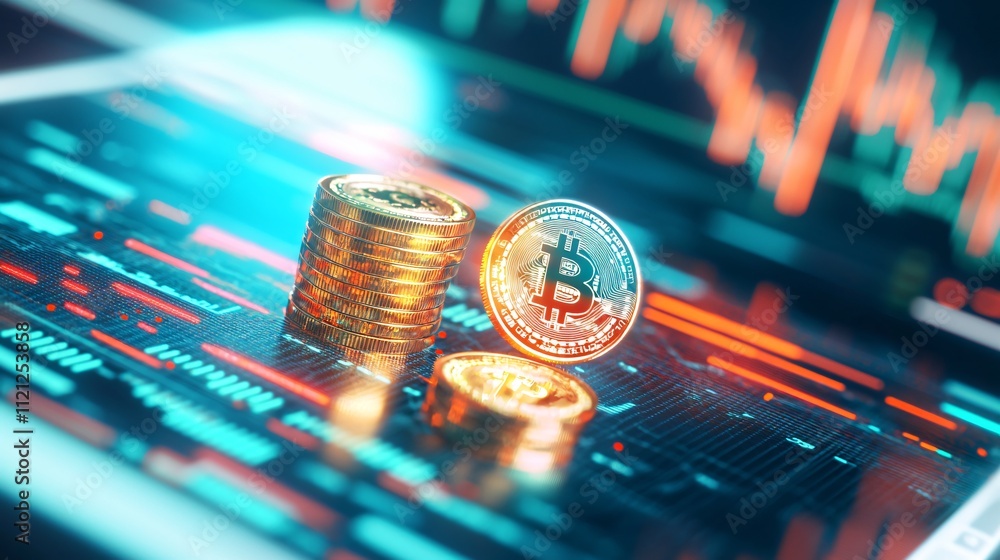 Poster bitcoin coins on a digital chart reflecting cryptocurrency trends and investment potential.