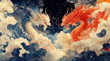 Mythical dragons clashing in a stormy sky filled with dramatic clouds