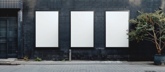 Three white posters are hanging on a brick wall