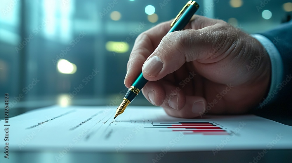 Poster a business professional signing a document with a pen in a modern office setting.