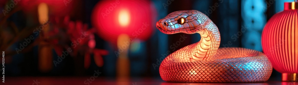 Poster a decorative snake figurine sits elegantly against a backdrop of glowing red lanterns, creating a vi
