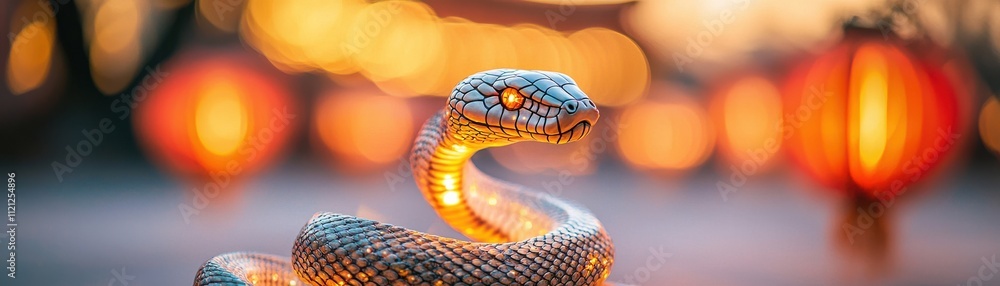 Poster a vibrant snake coils amidst glowing lanterns, capturing a mystical atmosphere with its striking col
