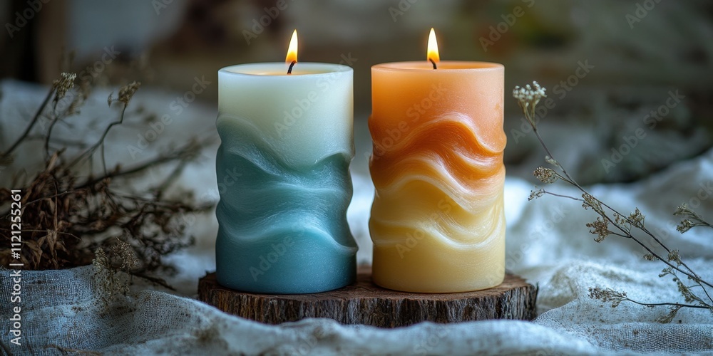 Poster elegant candles creating a serene atmosphere with flickering flames and textured design on a natural