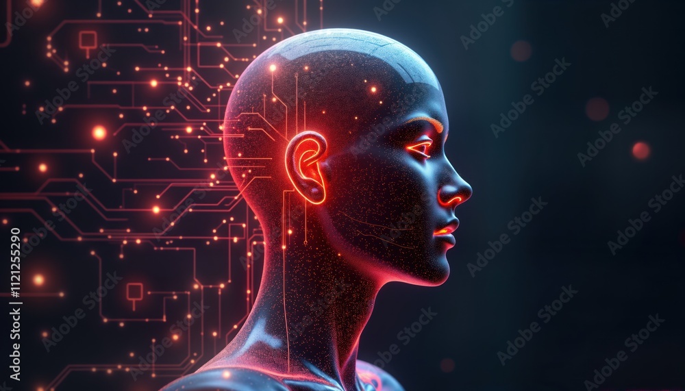 Poster Futuristic AI head profile glowing tech lines. Artificial intelligence concept. Modern design with digital data flowing through. Abstract illustration of future computer brain. Stylish tech art