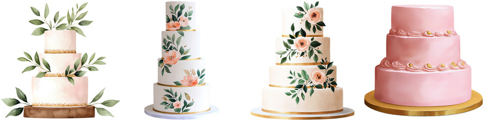 Wedding watercolor and groom delicate, A collection of beautifully decorated multi-tiered cakes featuring floral designs and elegant finishes.
