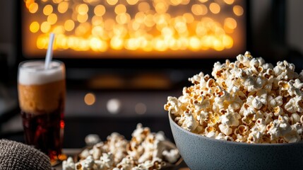 A cozy setting featuring a bowl of popcorn, a drink, and a blurred TV backdrop with sparkling lights, perfect for movie nights.