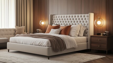 A chic modern bedroom featuring a plush bed with a tufted headboard, warm wooden accents, and soft lighting that creates a cozy and inviting atmosphere.