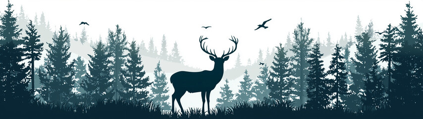 Obraz premium Deer Silhouette in Forest Landscape, Ideal for Hunting Themes. Generative AI.