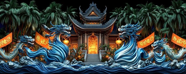 Fototapeta premium Chinese New Year Festival Celebration in a Traditional Temple Setting Surrounded by Dragons and Palm Trees at Night