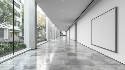 A large, empty hallway with a white wall and a white poster