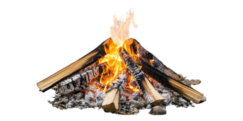Wood burning campfire with bright flames isolated on transparent background