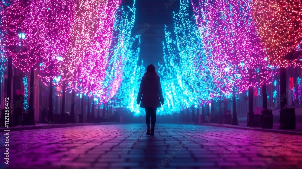 Poster a silhouette walks through a vibrant, illuminated pathway lined with colorful trees, creating a magi
