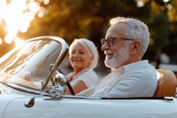 Joyful seniors enjoying a sunny drive in a classic convertible car on a warm afternoon