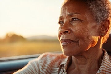 Fototapeta premium Woman reflecting on her journey during a sunset drive in a rural area with calm landscapes