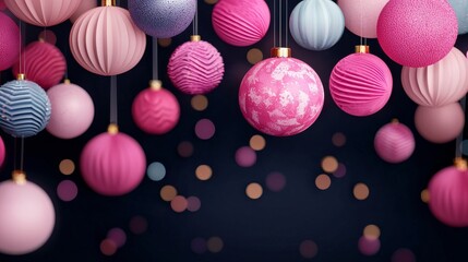 A vibrant display of hanging ornaments in pink, purple, and blue against a dark background, creating a festive and cheerful atmosphere.