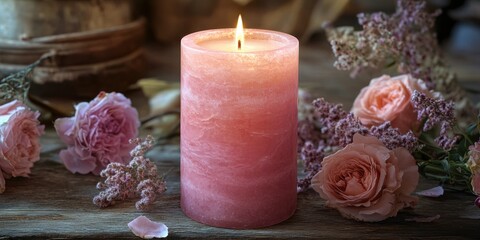 Delicate pink candle surrounded by soft pastel flowers creates a serene ambiance in a cozy setting