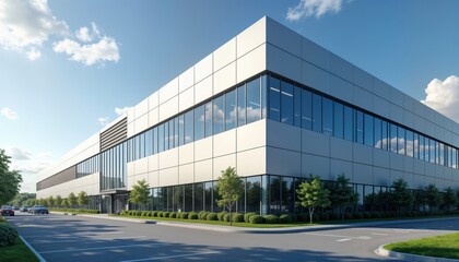 Modern data center building exterior architecture. Exterior design contemporary, efficient. Building features large glass windows, flat facade with light gray panels. Structure stands prominently