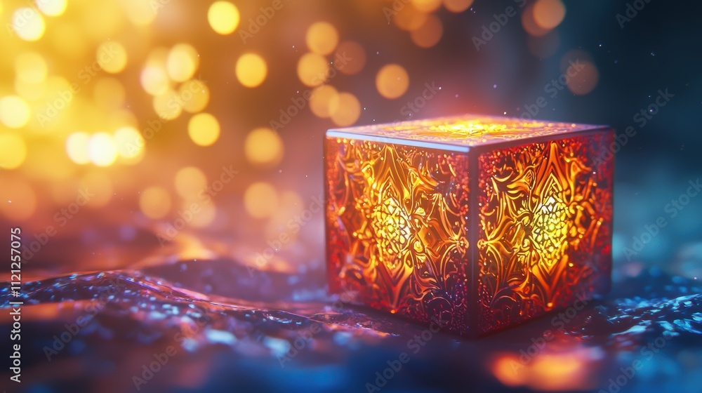 Poster Illuminated decorative cube glowing in abstract environment with bokeh background effect