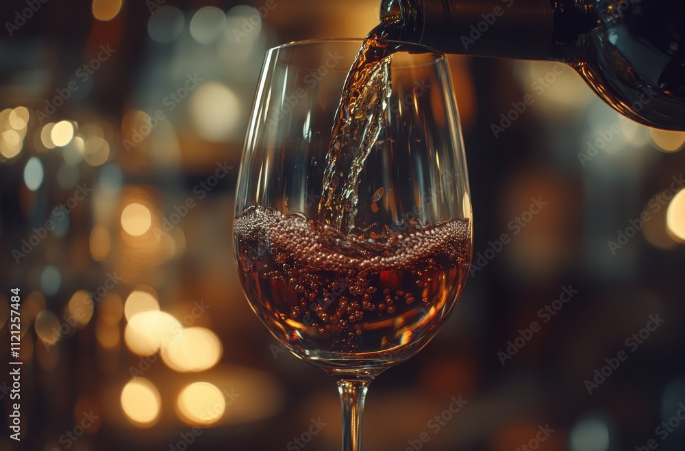 Poster pouring sparkling wine into a glass creating dynamic bubbles against a softly blurred bokeh backgrou