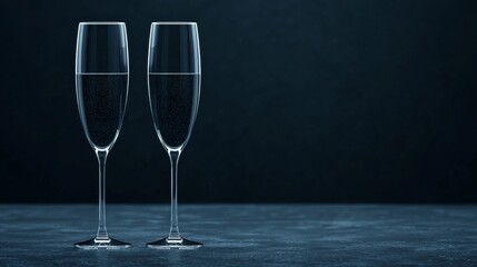 Two elegant champagne flutes filled with clear liquid, set against a dark backdrop, creating a sophisticated ambiance.