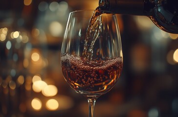 Pouring sparkling wine into a glass creating dynamic bubbles against a softly blurred bokeh background in an elegant setting for celebration