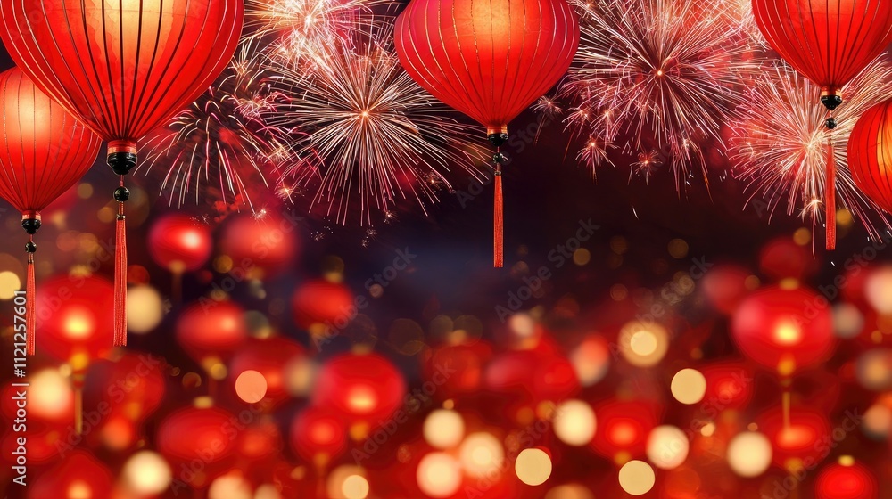 Aufkleber Festive Red Lanterns with Fireworks Display and Sparkling Bokeh Background for Celebratory Events and Decorations