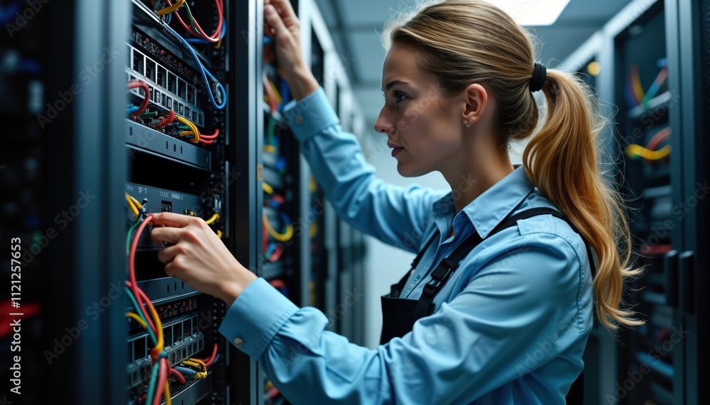Poster Female tech worker inspects network cables in server room. Technician connects wires to server racks. Maintenance, inspection of infrastructure. Focus on data center operations. Cloud computing