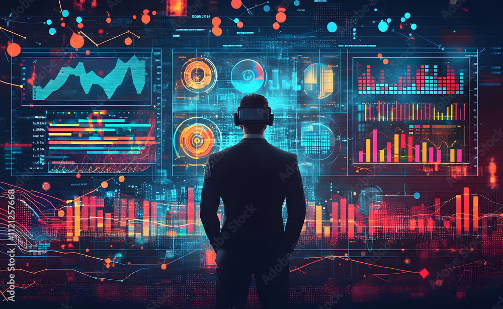 Poster businessman in vr headset analyzes data visualized on a large holographic display.
