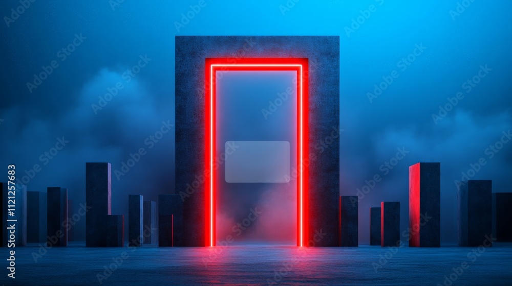 Poster neon gateway: a futuristic abstract composition with a glowing red neon door set against a backdrop 