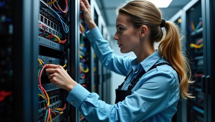 Female tech worker inspects network cables in server room. Technician connects wires to server racks. Maintenance, inspection of infrastructure. Focus on data center operations. Cloud computing