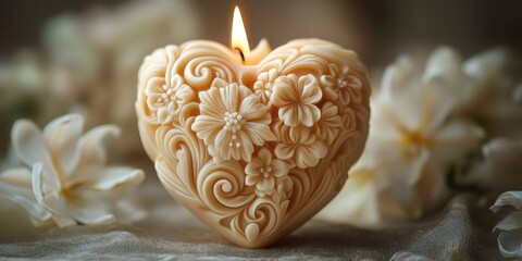Beautifully carved heart-shaped candle illuminates a tranquil setting adorned with delicate flowers