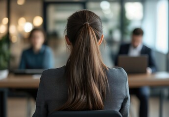 Professional Woman in Front of Interview Panel in Modern Office Setting with Focus on the Back of Her Head, Representing Job Search, Career Growth, and Business Environment