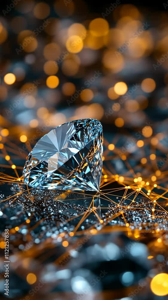 Poster sparkling diamond sits on golden web-like structure with blurred lights in the background, showcasin