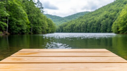 Peaceful Lake Retreat: A wooden dock extends over tranquil, azure waters, framed by lush greenery and rolling hills. The scene evokes a sense of serenity.