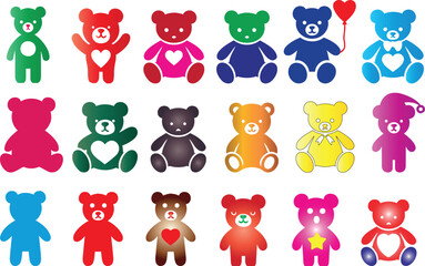 Obraz premium Colorful teddy bear vector clipart icons with hearts, stars, balloons, and ties. Vibrant teddy bear vector illustration featuring diverse designs in multiple shades