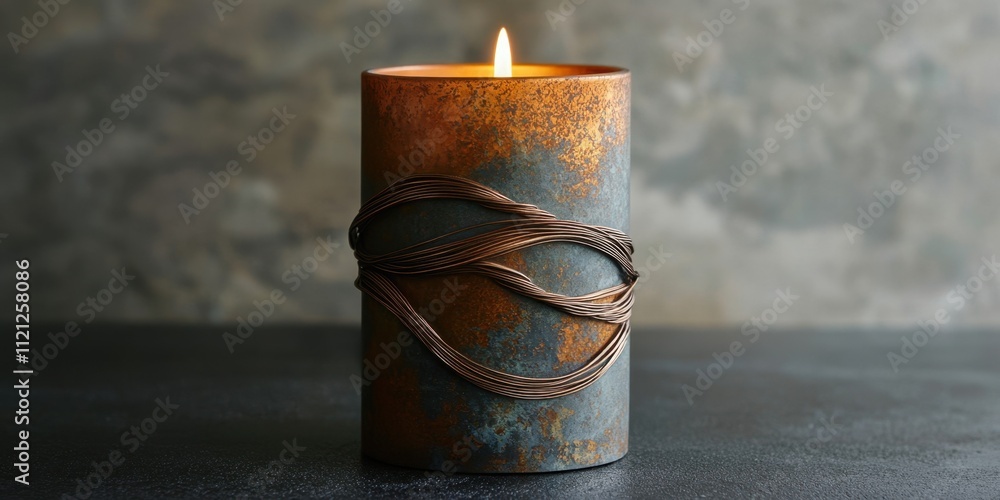 Poster unique decorative candle with warm flame and rustic design on a textured background