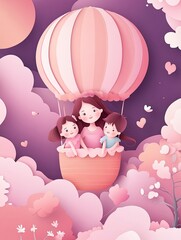 Beautiful woman with her children riding a cute hot air balloon. Happy Mother's Day greeting card. Pink and purple paper cut style.