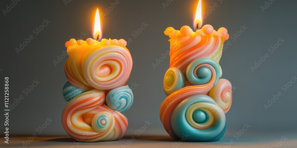 Poster colorful twisted candles glowing softly in the dim light create an enchanting atmosphere in a cozy s