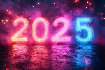 New Year 2025 Number Illuminated with Lights in the Dark

