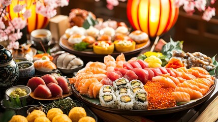 Fototapeta premium Traditional Japanese Sushi Platter with Lanterns and Cherry Blossoms