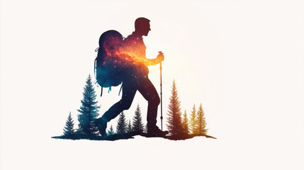 Naklejka premium hiker silhouette with starry sky and trees, evoking adventure and exploration. Double exposure.
