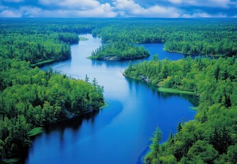 Serene Aerial View of Lush Green Forest Surrounding Tranquil Blue Lake with Meandering Waterways and Dramatic Cloudy Sky in Northern Wilderness