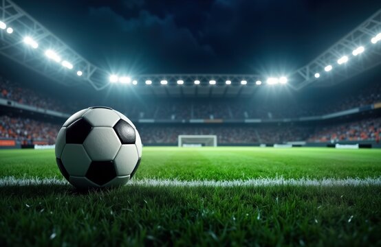 Soccer ball on stadium field at night. Illuminated arena filled with spectators. Game atmosphere. Sport event. Exciting match. Powerful lights highlight the field. Ready to play. Competition. - Powered by Adobe