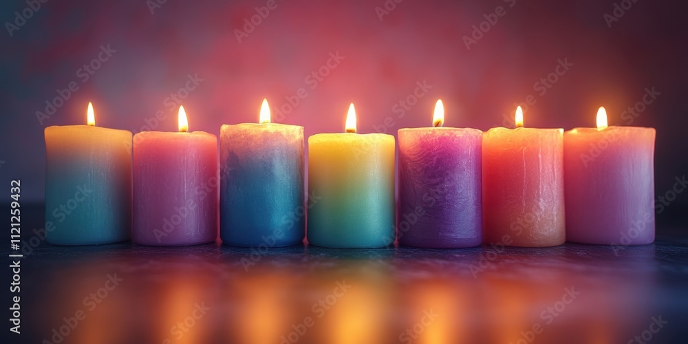 Poster candles glowing softly in gradient colors create a serene ambiance in a tranquil setting