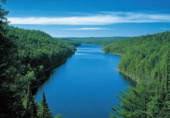 Serene Aerial View of Tranquil Lake Surrounded by Lush Green Forest and Clear Blue Sky Ideal for Nature and Landscape Photography Enthusiasts