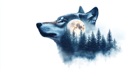 wolf silhouette with full moon and snowy pine forest creates serene atmosphere