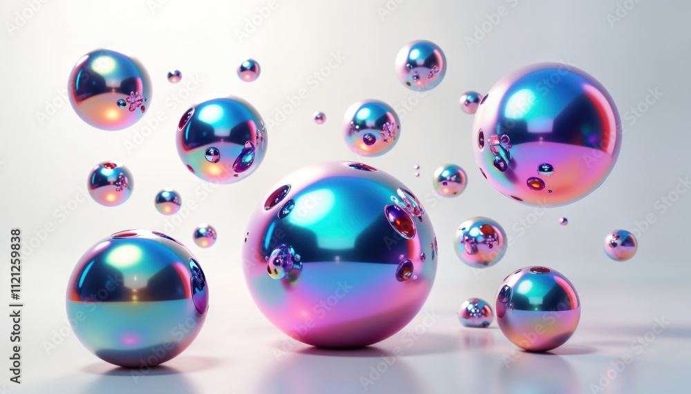Poster abstract iridescent chrome spheres float in mid air. colorful holographic liquid blobs. modern 3d re