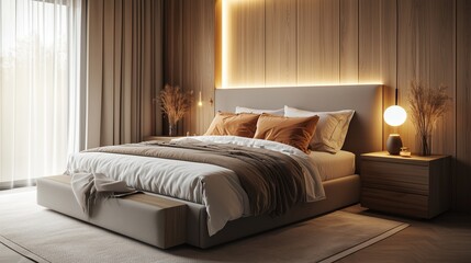 Contemporary bedroom featuring a stylish bed, wooden accents, and soft lighting that creates a warm, welcoming ambiance.