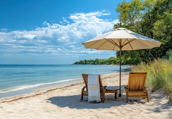 Fototapeta premium Serene Beach Scene with Umbrella and Lounge Chairs on Sandy Shoreline under Clear Blue Sky with Lush Green Trees in the Background for Relaxation and Vacation Vibes